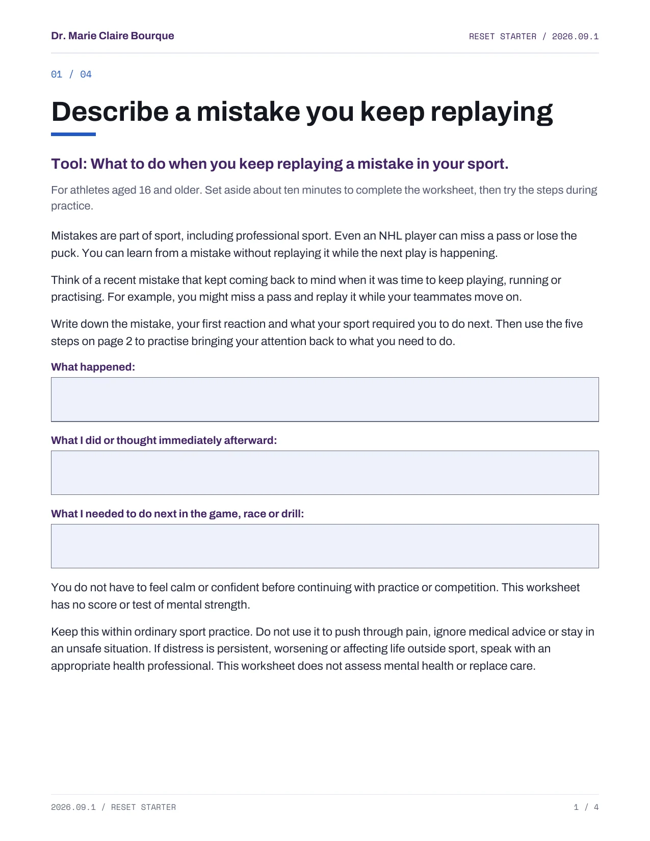 Page 1: Describe a mistake you keep replaying. Description below.