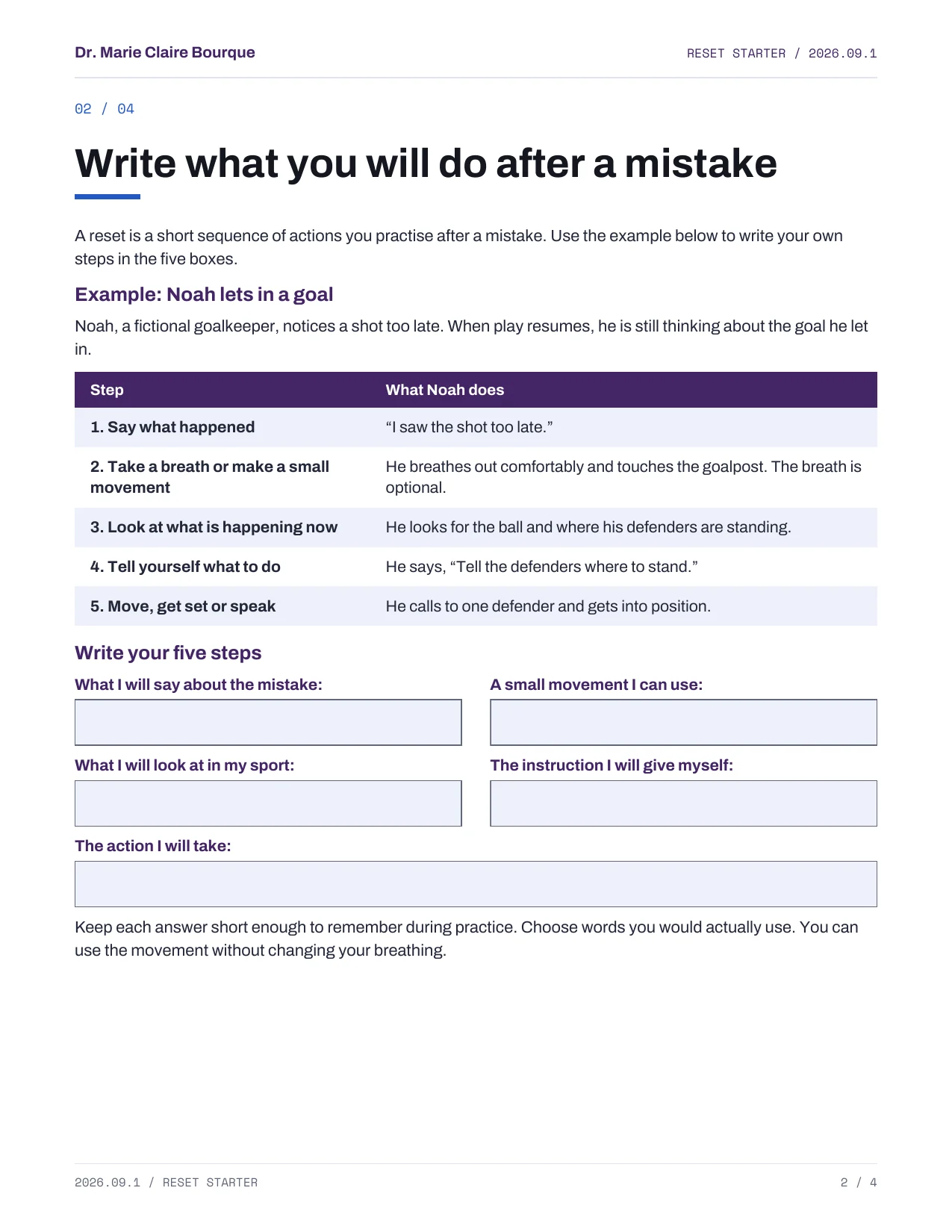 Page 2: Write what you will do after a mistake. Description below.